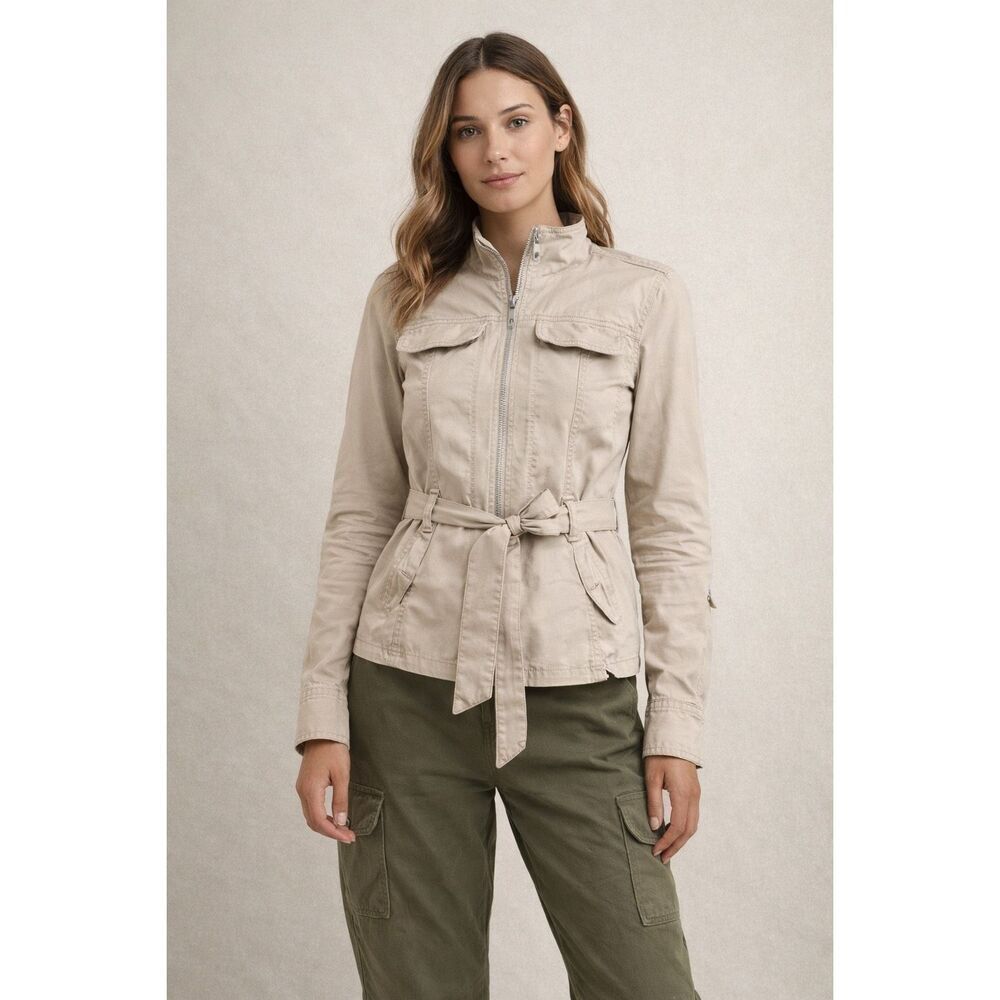 Guess Womens Beige Utility Jacket Belted Moto Small Cotton